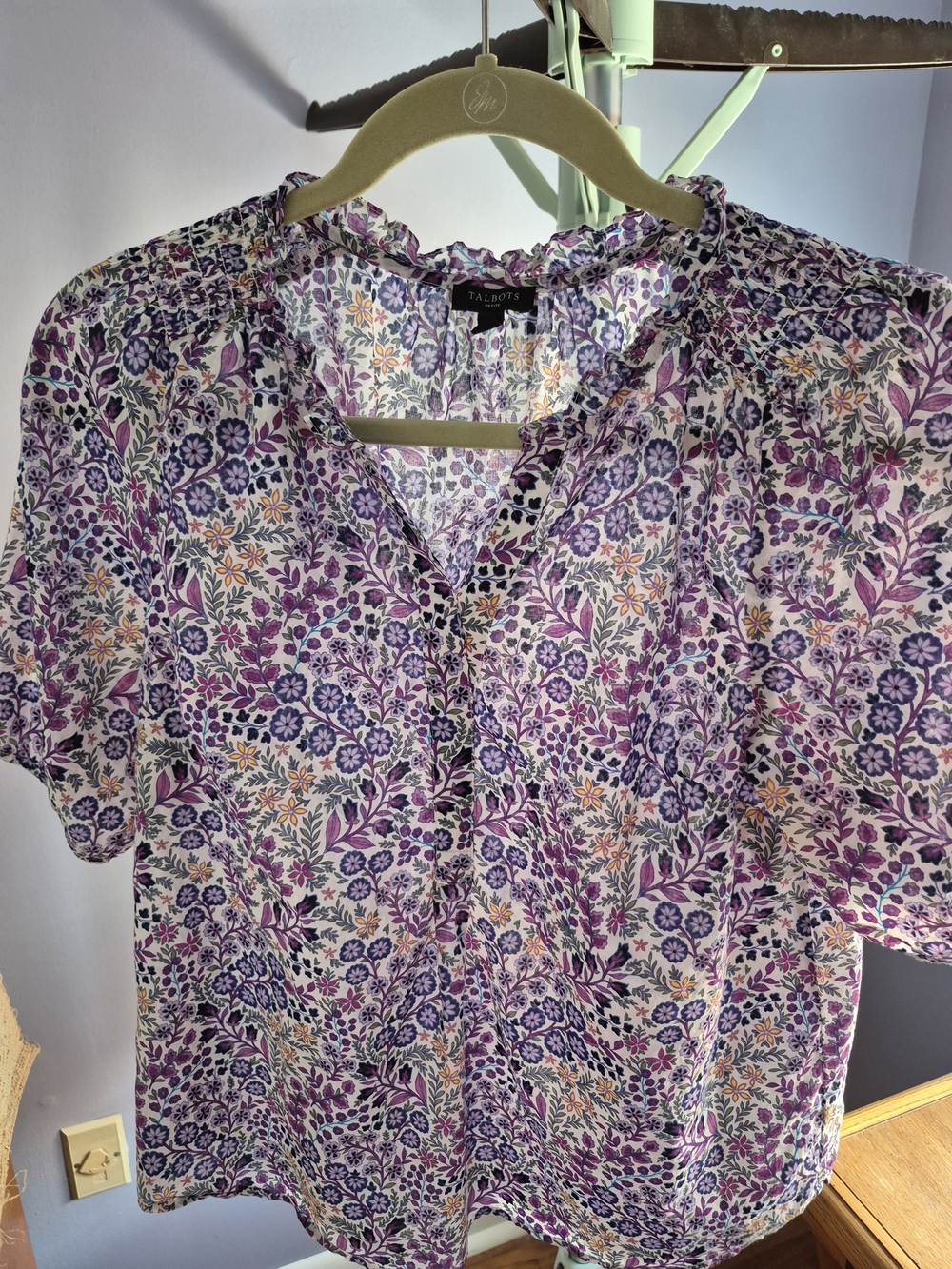 Talbots Purple Floral Ruffle V-Neck Blouse with Yellow Accents